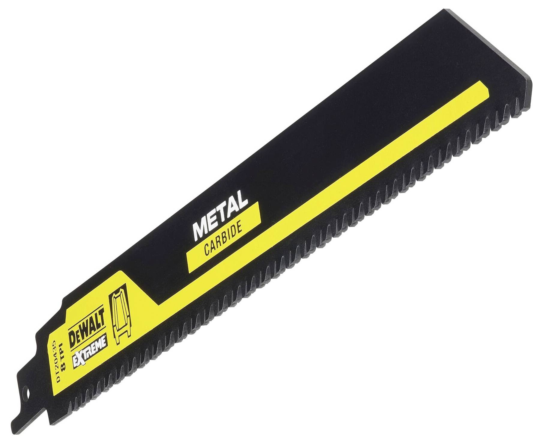 Crno-žuto DeWalt list pile s natpisom 'Metal Carbide', pogodan za rezanje metala.