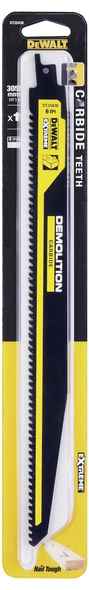 List pile DEWALT Demolition, dužina 300 mm, 6 zuba po inču, pakiran u žuto-crni blister, pogodan za rušilačke radove.