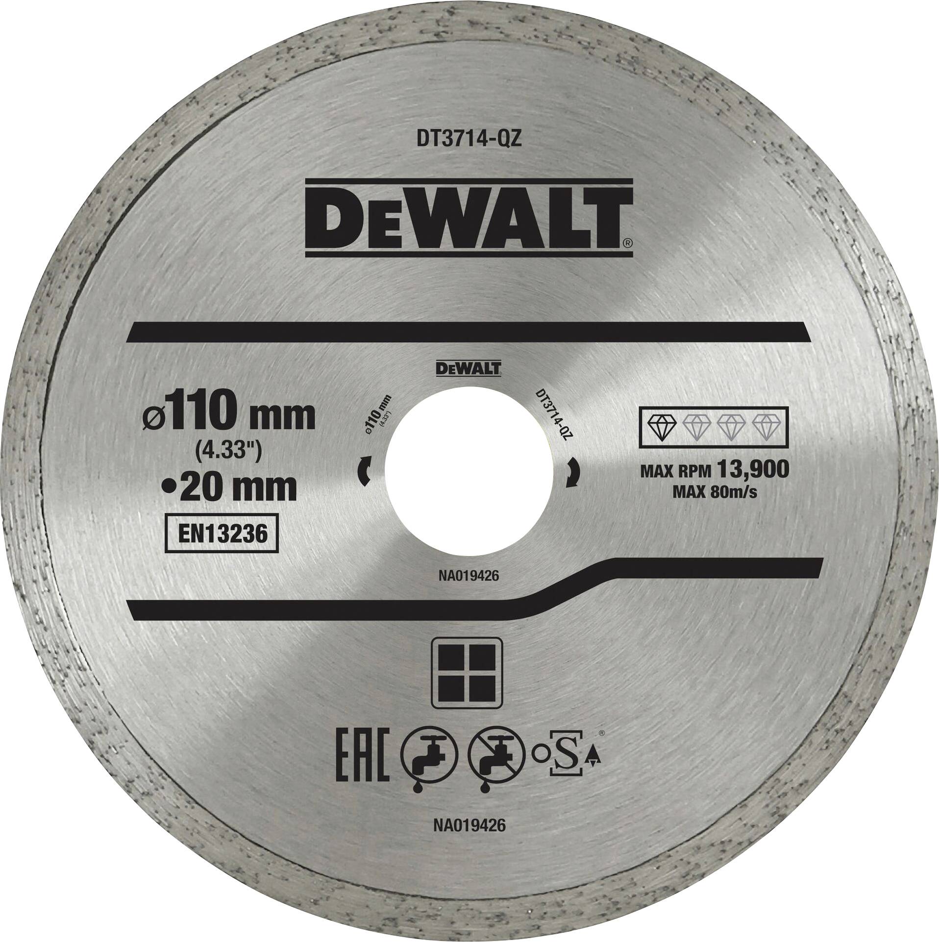 Srebreni dijamantni rezni disk marke DeWALT, promjera 110 mm, pogodan za maksimalnu brzinu vrtnje od 13.900 okretaja u minuti.