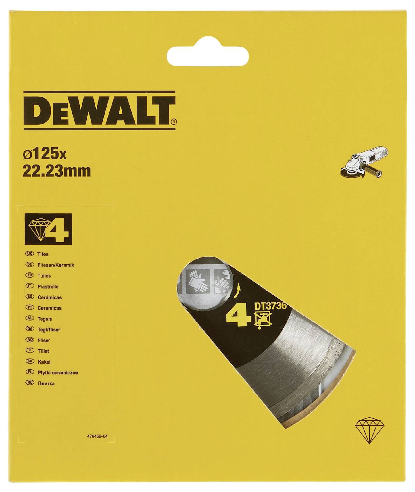 Ambalaža 'DeWalt' za brusilačku ploču, Ø125x22,23 mm. Pogodan za pločice, keramiku. Prikaz proizvoda dolje desno.