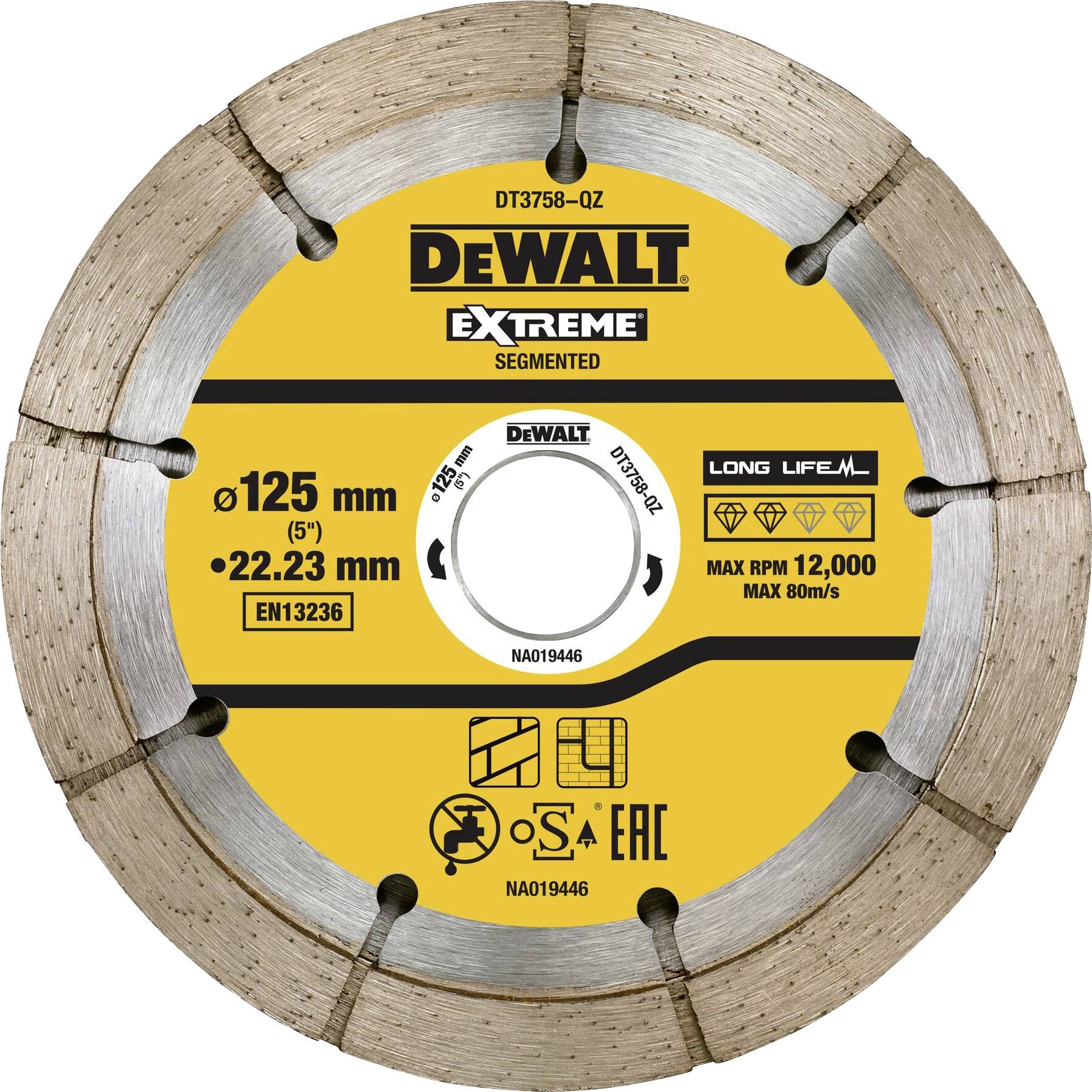Dewalt Extreme segmentna rezna ploča za rezanje, promjera 125 mm, maksimalno 12.000 okretaja u minuti. Pogodna za dugotrajnu upotrebu.