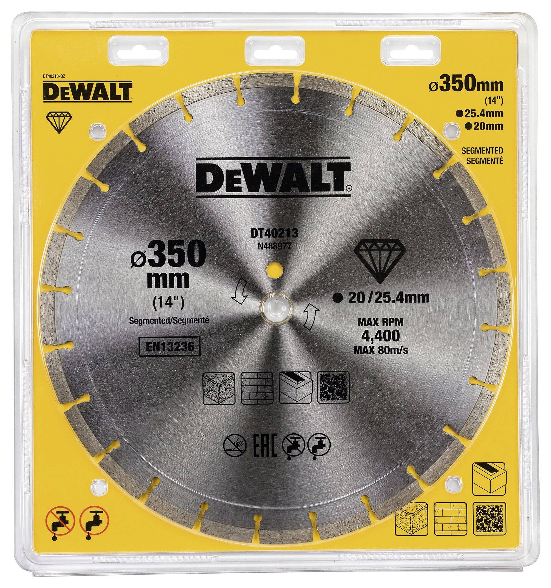 'DeWALT' list kružne pile, promjer 350 mm, za opeku, beton, cement. Maksimalan broj okretaja u minuti: 4.400 pri 80 m/s.