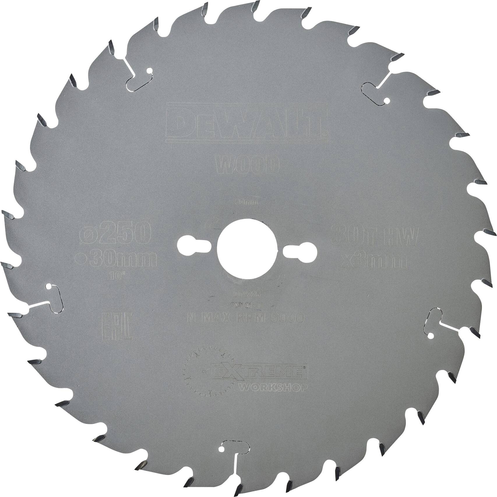 List pile od 24 zuba, pogodan za drvo i metal. Marka: DeWalt, promjer: 250 mm, provrta: 30 mm.