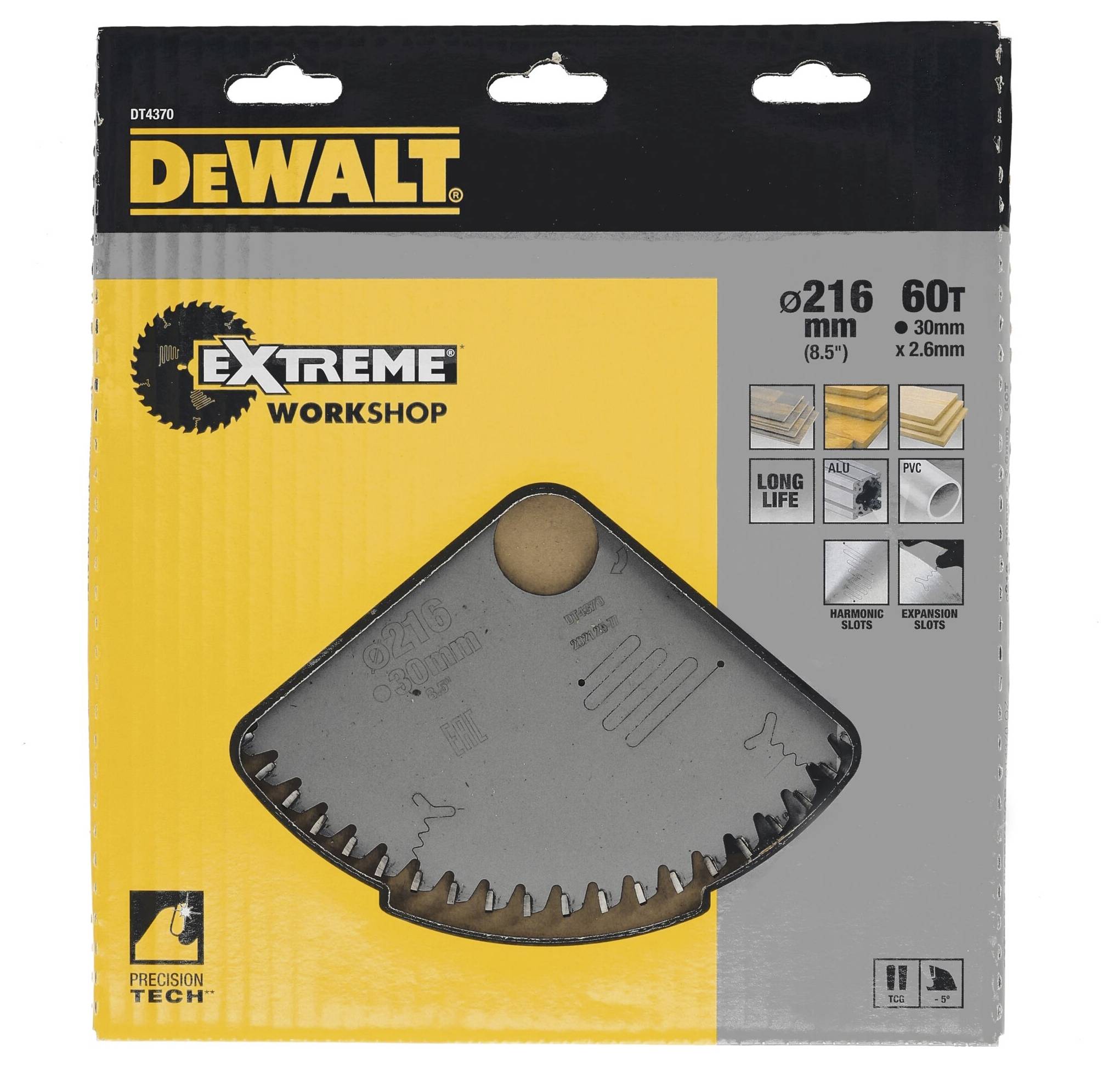 DeWalt Extreme Workshop list za pilu u pakiranju, promjera 216 mm, 60 zuba, pogodan za drvo i aluminij; prikazuje logo marke.