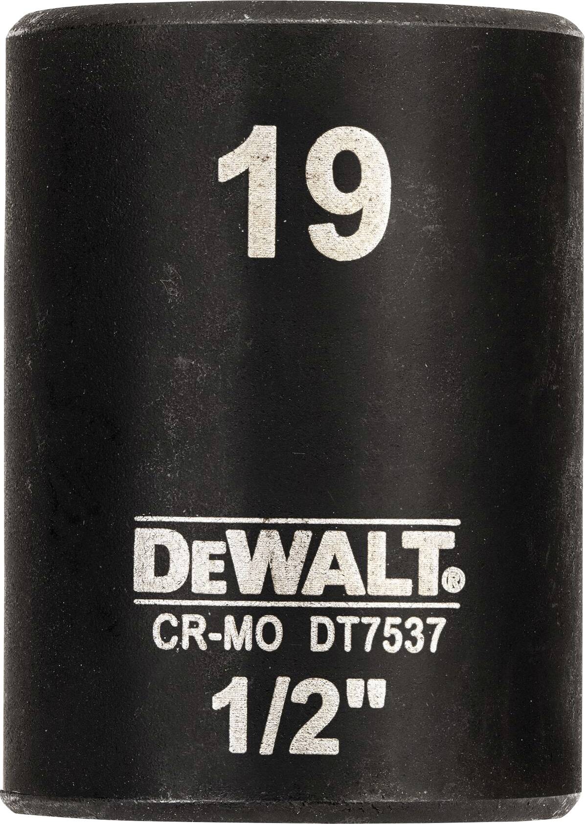 Crna nasadna čaura s natpisom '19 DEWALT CR-MO DT7537 1/2"', pogodna za 1/2-inčni odvijač, izrađena od krom-molibdenskog čelika.