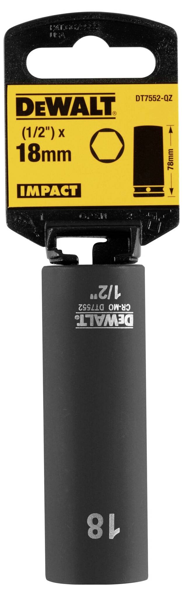 DeWalt 18mm čaura (1/2") za udarnu primjenu, model D178552-QZ, prikazana u crnoj boji sa žutom oznakom i dimenzijama.