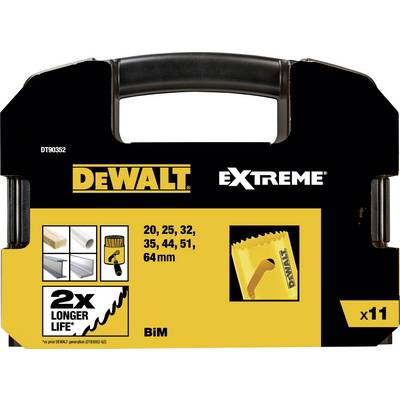 Pakiranje DEWALT kompleta kružnih pila za metal, veličine 20-64 mm, sadržava 11 komada. Naglašeno s '2x duži vijek trajanja'.