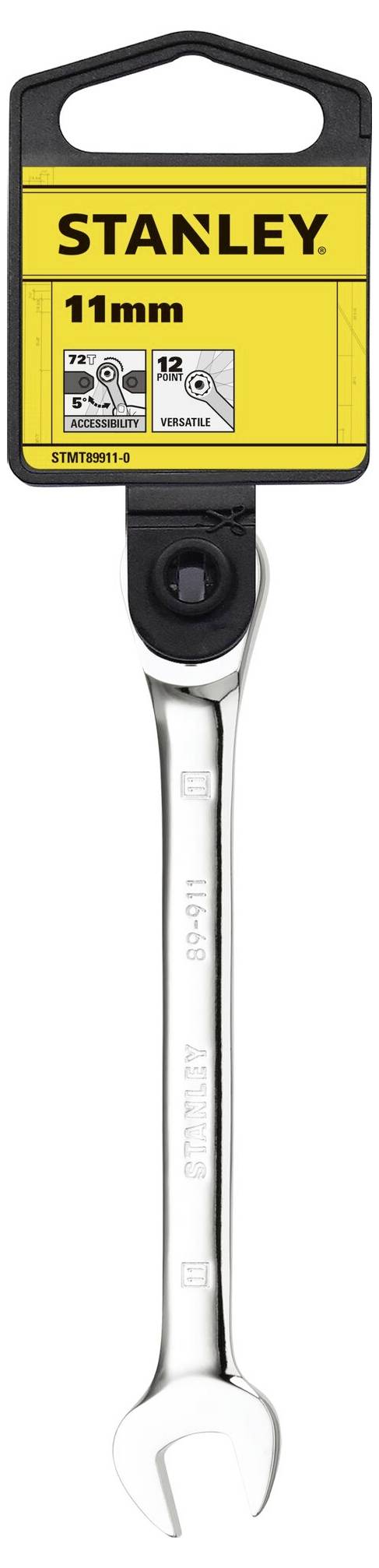 Ključ 'Stanley', 11 mm, u žutoj ambalaži s kukicom za vješanje. Srebrni ključ ravnog drška.