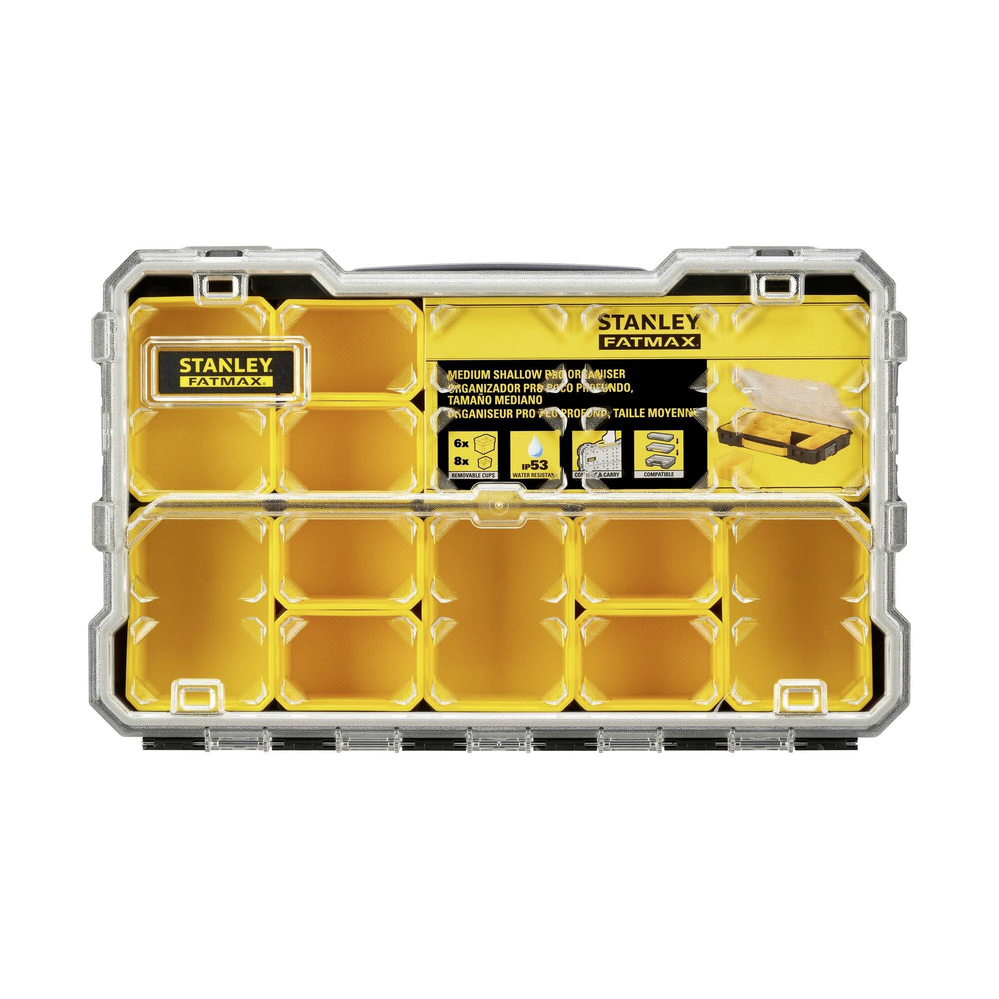 Stanley Fatmax Pro Organizator s 10 žutih pretinaca za pohranu alata, prozirnim poklopcem i ručkom za nošenje.