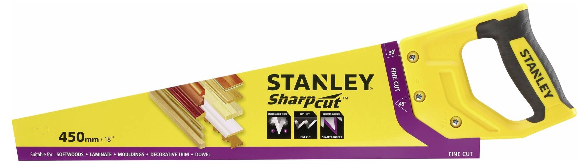 Žuta ručna pila 'Stanley Sharpcut', 450 mm, za meko drvo, laminat, MDF i dekor. Ručka s ergonomskim dizajnom.