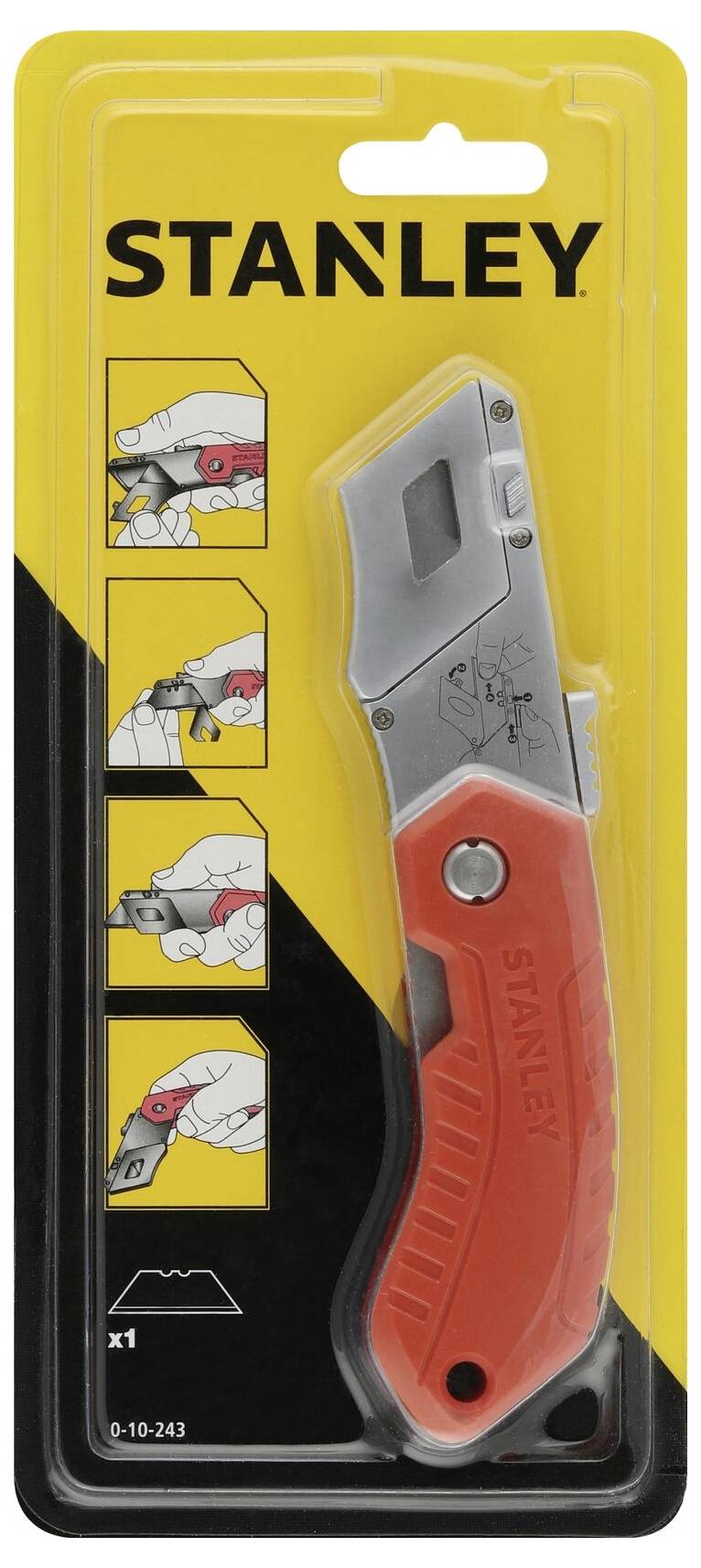 Crveni Stanley nož u ambalaži. Na pakiranju su prikazana četiri slike koje ilustriraju rukovanje i grafički prikaz planine.