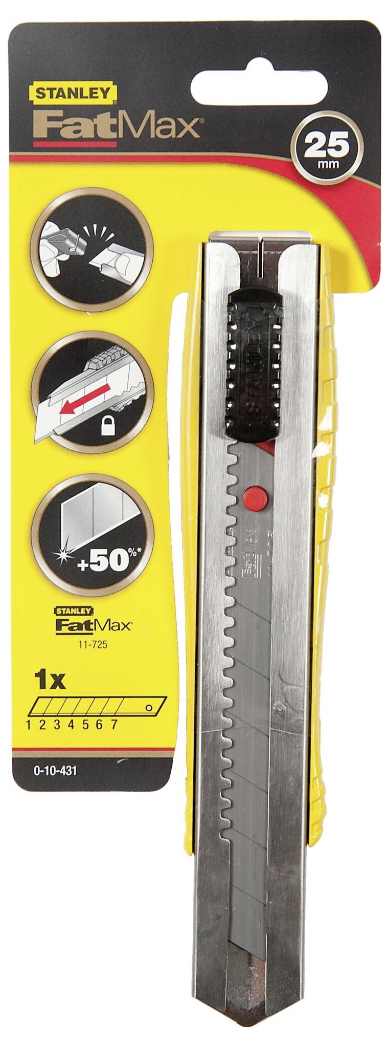 Žuti Stanley FatMax nožić za skidanje izolacije s izmjenjivim 25mm oštricama na crvenoj ambalaži, prikazuje piktograme za rukovanje.