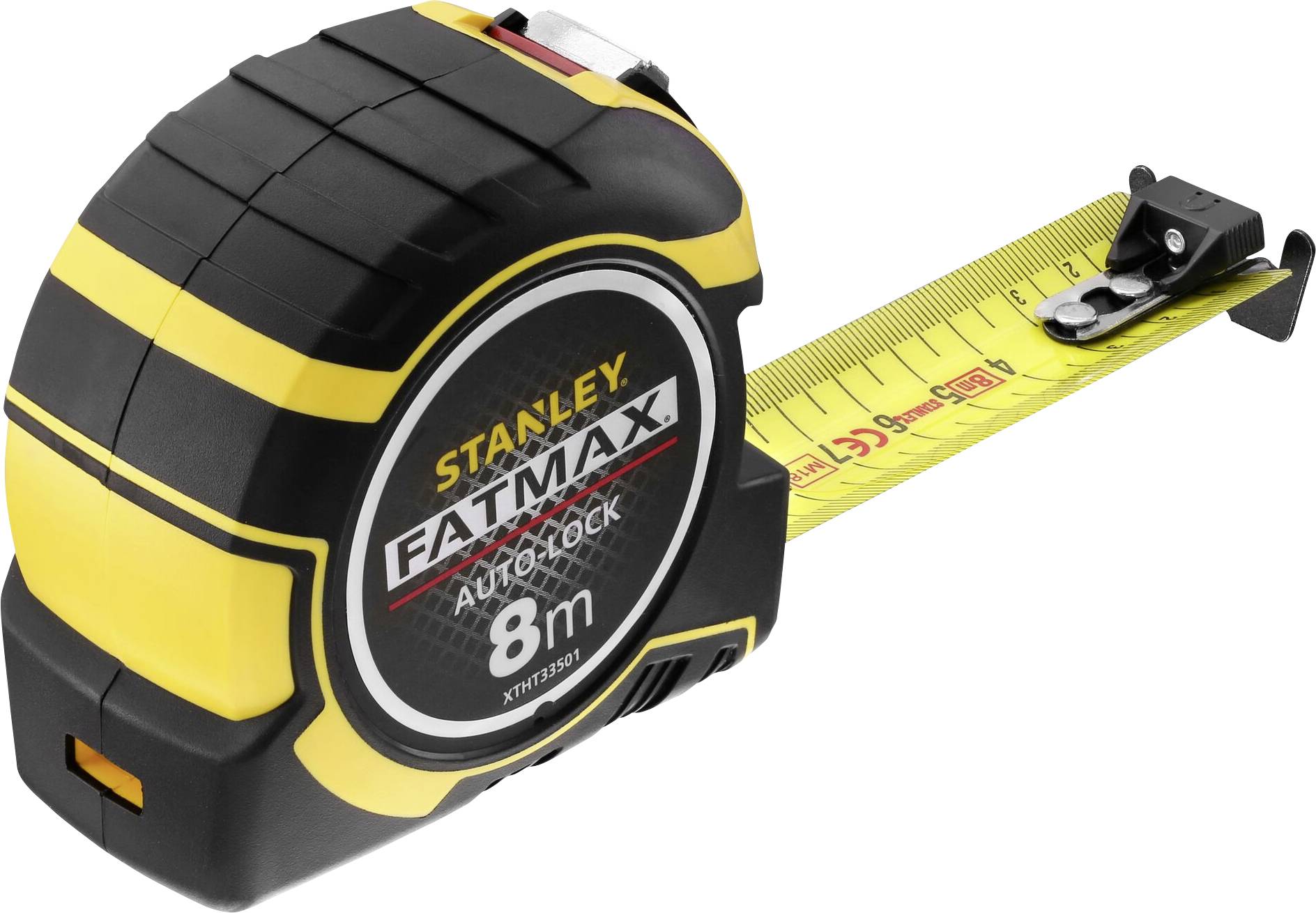 Metar za mjerenje s natpisom 'Stanley Fatmax Autolock'. Dug je 8 metara, s žutom trakom i crnim oznakama.