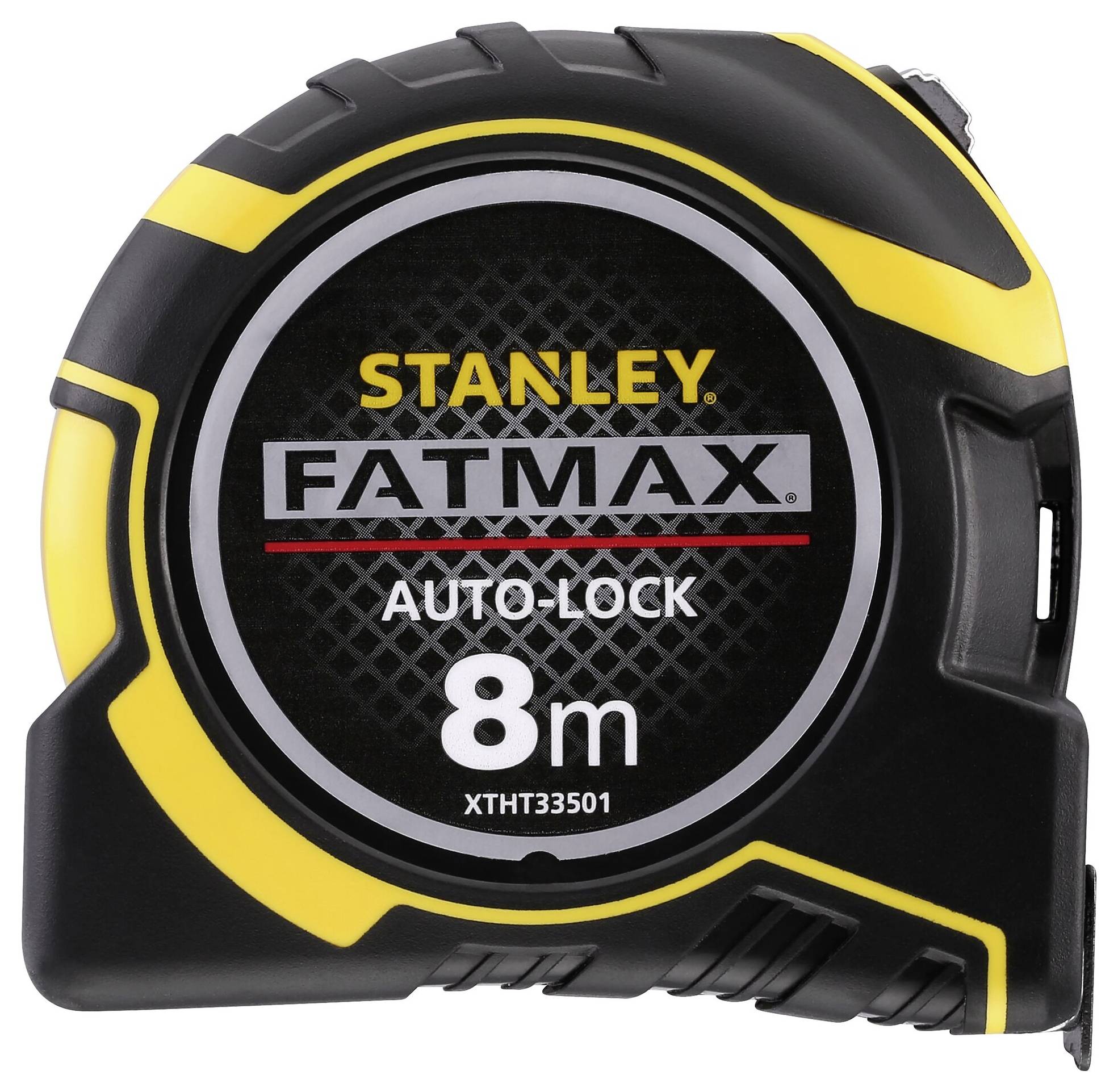 Crno-žuti metar s natpisom 'Stanley Fatmax Auto-Lock 8m', crno-žuti okvir, model XTHT33501.