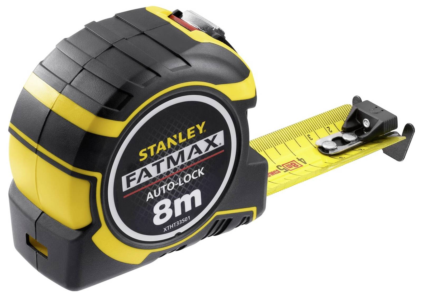 Metar s kućištem u žuto-crnoj boji i srebrnkastim kukom je spremljen za upotrebu. Natpis glasi: 'STANLEY FATMAX AUTO-LOCK 8m'.