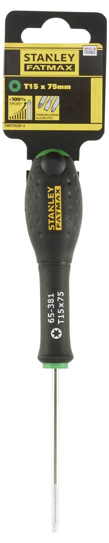 Odvijač marke Stanley FATMAX, čvrsti crni rukohvat, zeleni detalji, veličina T15 x 75 mm navedena na pakiranju.