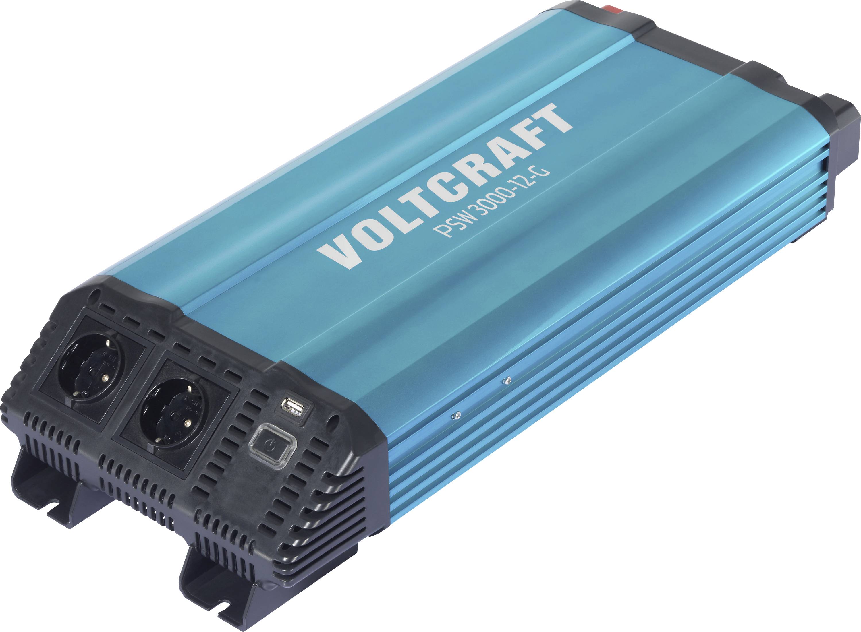 Plavi Voltcraft pretvarač snage s dva AC utičnica i USB priključkom, označen kao 'PSW 3000-12'.