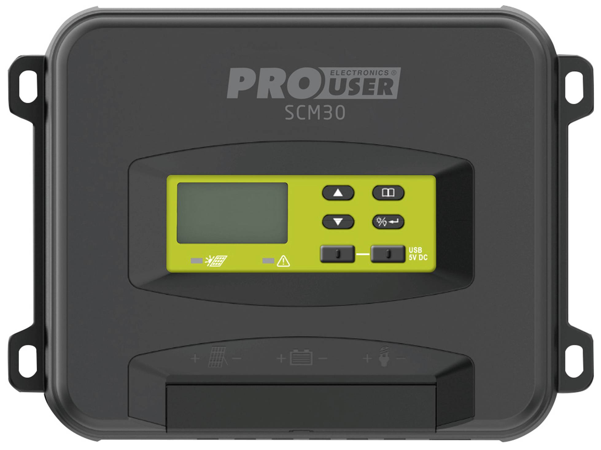 Crni elektronički uređaj s zaslonom i tipkama za upravljanje prikazuje logo 'PRO USER SCM30'. S lijeve strane nalaze se pričvrsne ili montažne kuke.