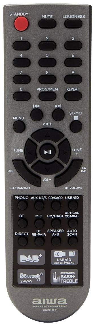 Daljinski upravljač s tipkama za standby, glasnoću, izbornik, Bluetooth i druge audio funkcije. Proizvođač: Aiwa.