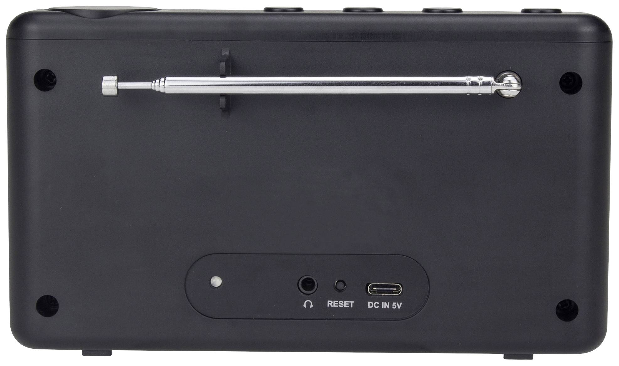Stražnja strana crnog prijenosnog uređaja s izvlačivom antenom, priključkom za slušalice, tipkom za resetiranje i USB-C priključkom.