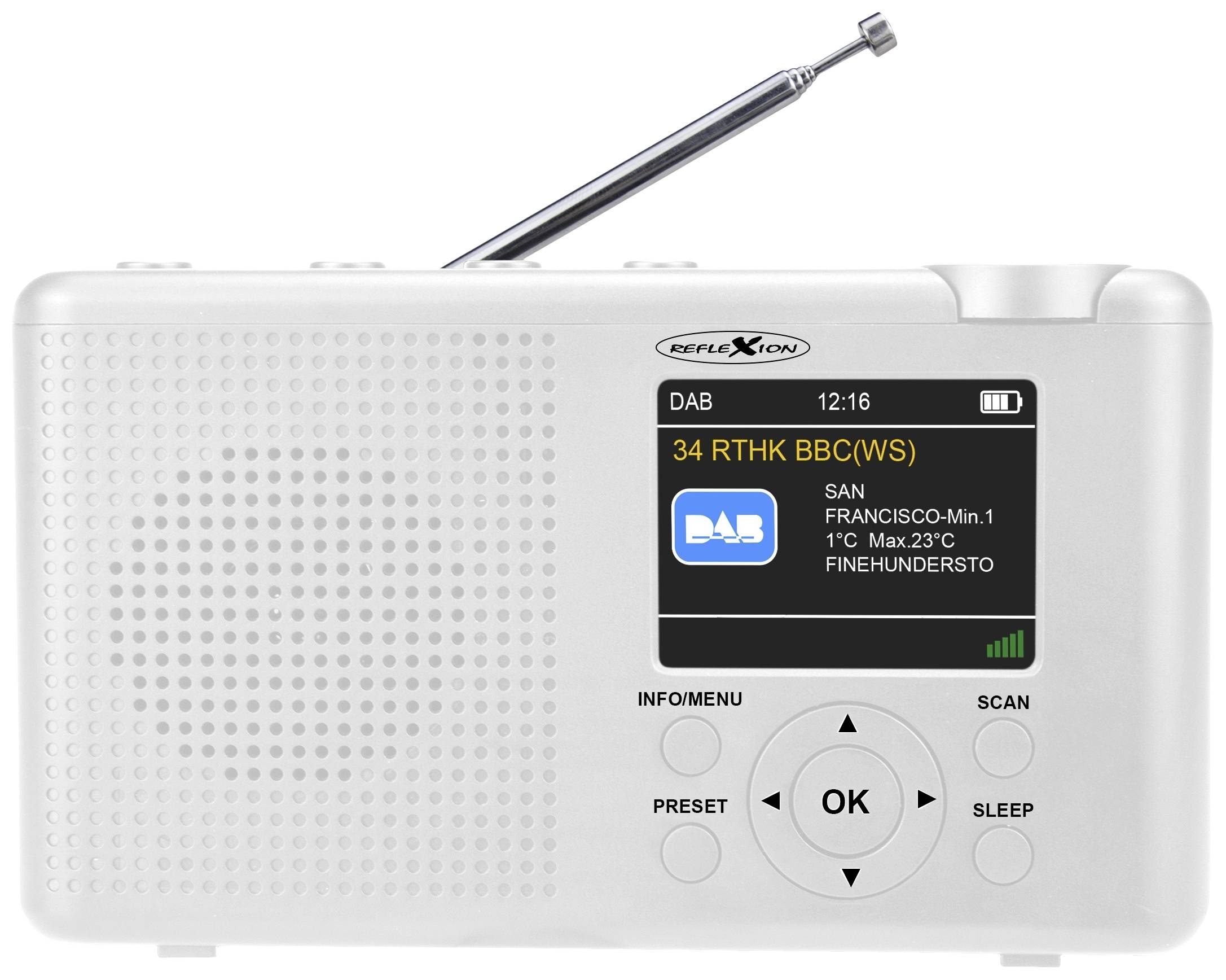 Bijeli prijenosni DAB radio s malim ekranom koji prikazuje stanicu '34 RTHK BBC(WS)'. Pored tipki za upravljanje i prijam.