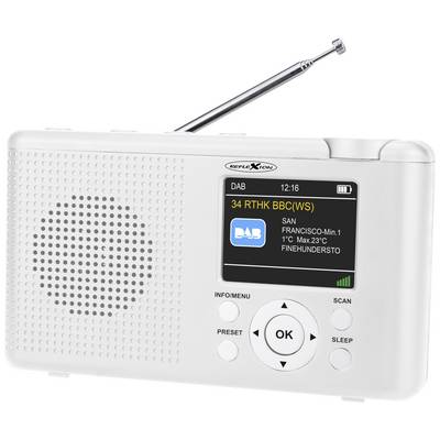 Bijeli prijenosni digitalni radio s izvlačivom antenom i zaslonom na kojem se prikazuje radio stanica s informacijama o vremenu.
