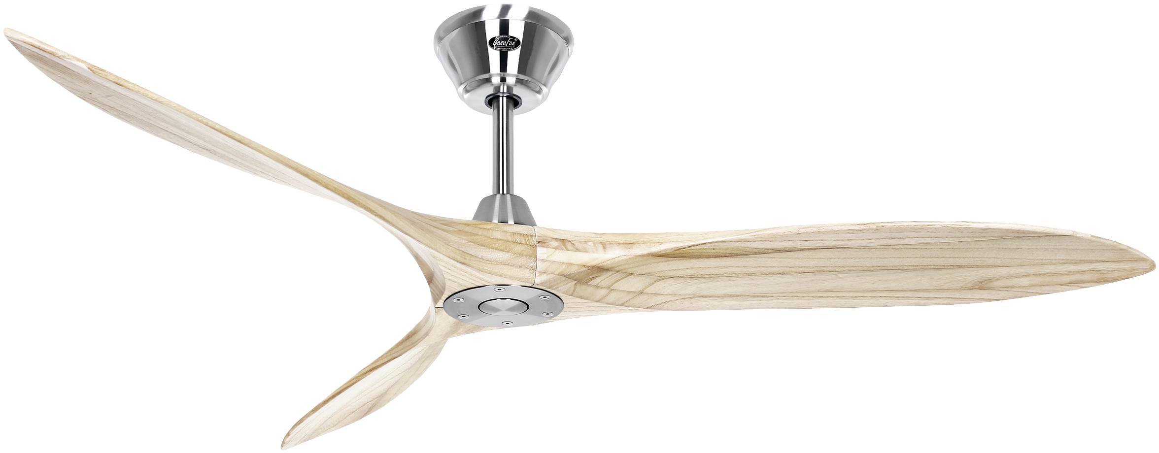 Stropni ventilator s tri svijetle drvene lopatice i srebrnom konzolom, prikazuje moderan i minimalistički dizajn.