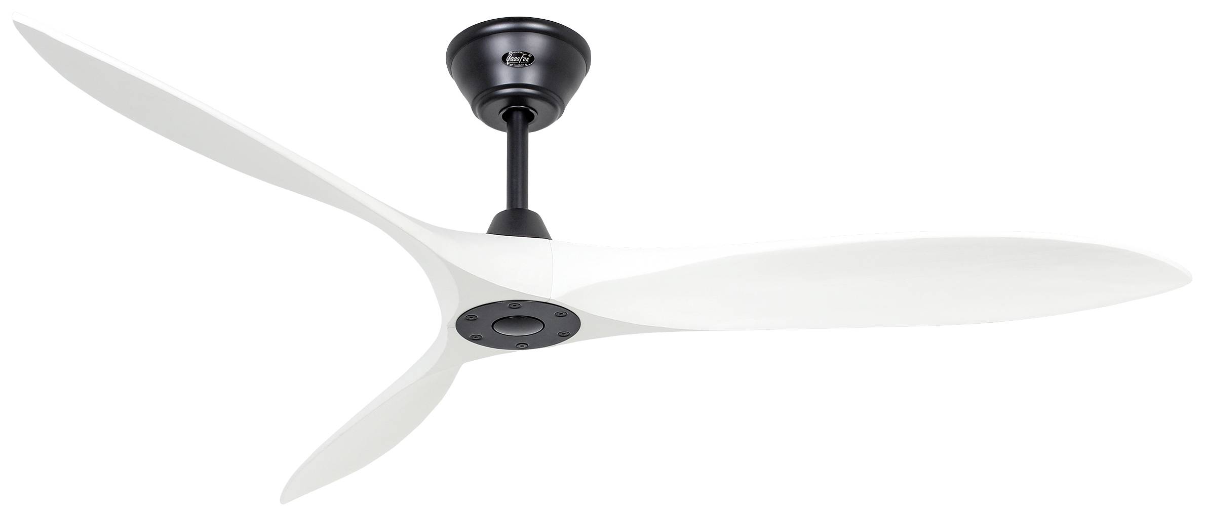 Stropni ventilator s tri bijela krila i crnom konzolom, montiran na stropu.