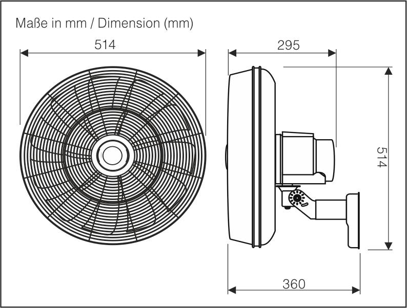 Tehnički nacrt ventilatora. Gore: pogled odozgo s promjerom 514 mm. Desno: pogled sa strane, ukupna dubina 360 mm, visina 514 mm.