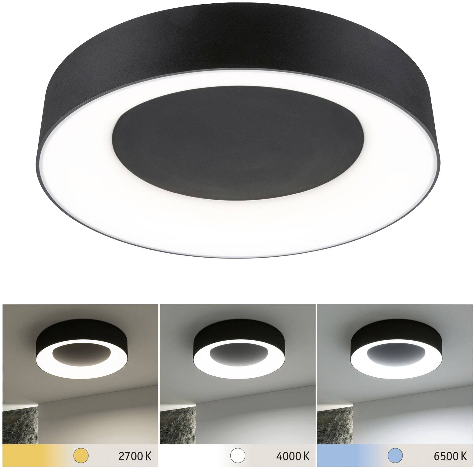 Okrugla LED stropna svjetiljka, boja podesiva: toplo bijela (2700K), neutralno bijela (4000K), hladno bijela (6500K). Prikazuje različita raspoloženja osvjetljenja.