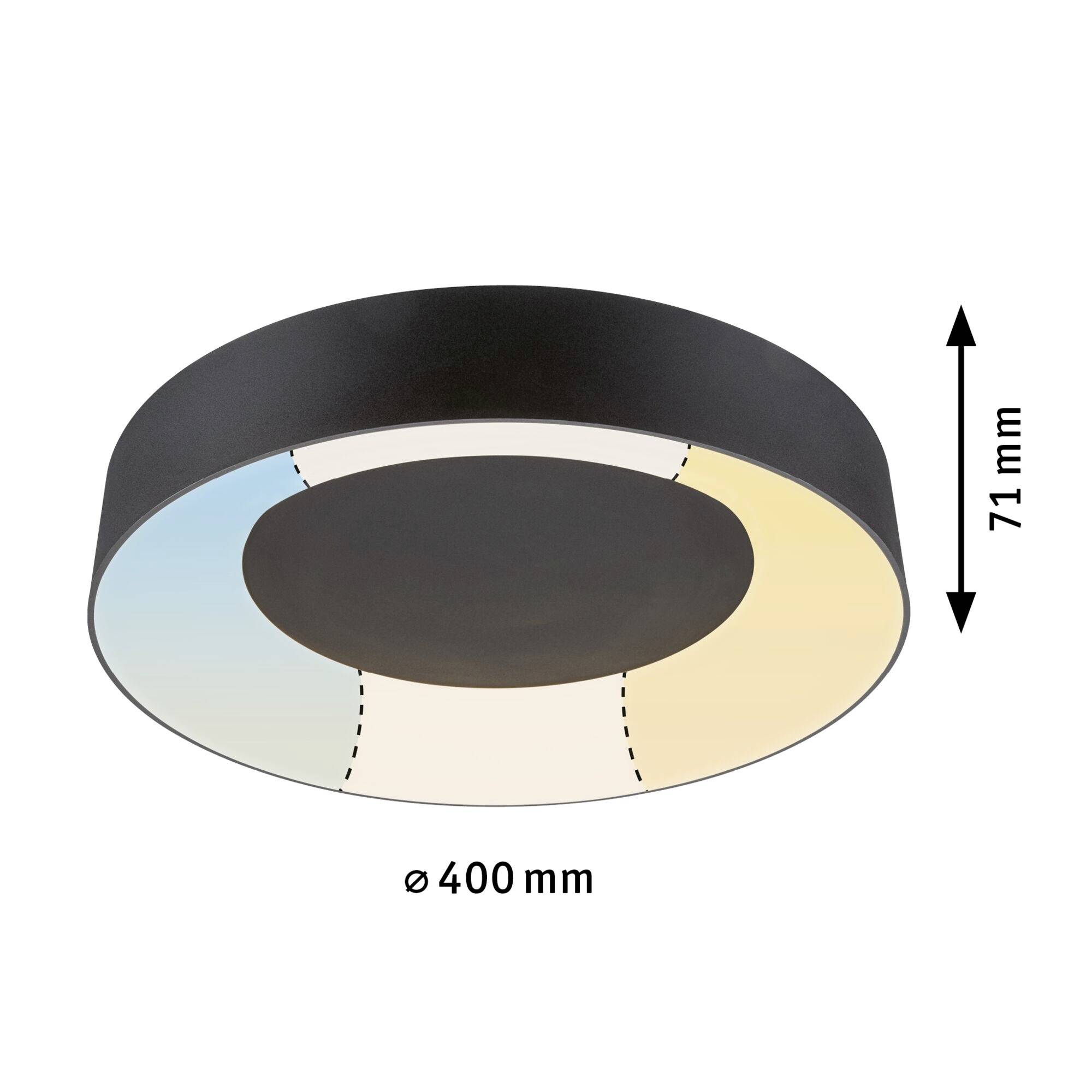 Stropna lampa s crnim okvirom, LED osvjetljenje promjenjive bijele boje. Dimenzije: promjer 400 mm, visina 71 mm.