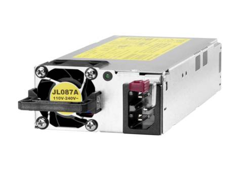 Srebrno napajanje s ventilatorom s lijeve strane i žutom naljepnicom gore. Pogodan za napon od 110V do 240V.