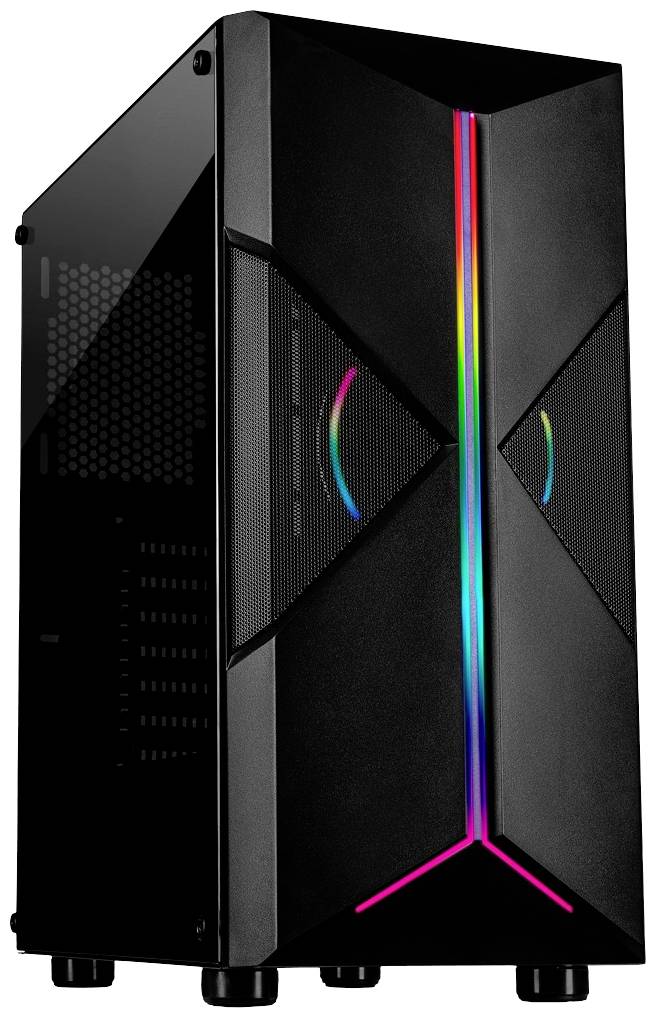 Crno kućište za PC-e s prozirnim bočnim prozorom i šarenom RGB rasvjetom na prednjoj strani, pogodno za gaming postave.