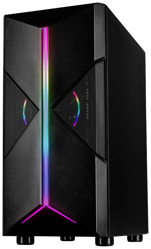 Crno kućište računala s dijagonalnom RGB svjetlosnom trakom u sredini. Pogodno za gaming računala, modernog i stilskog dizajna.