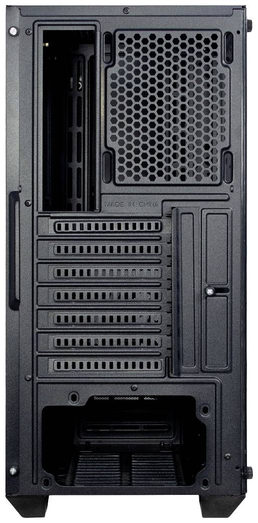 Stražnja strana kućišta računala s više proširnih utora i ventilacijskih rešetki. Pogodno za PC komponente i hlađenje.