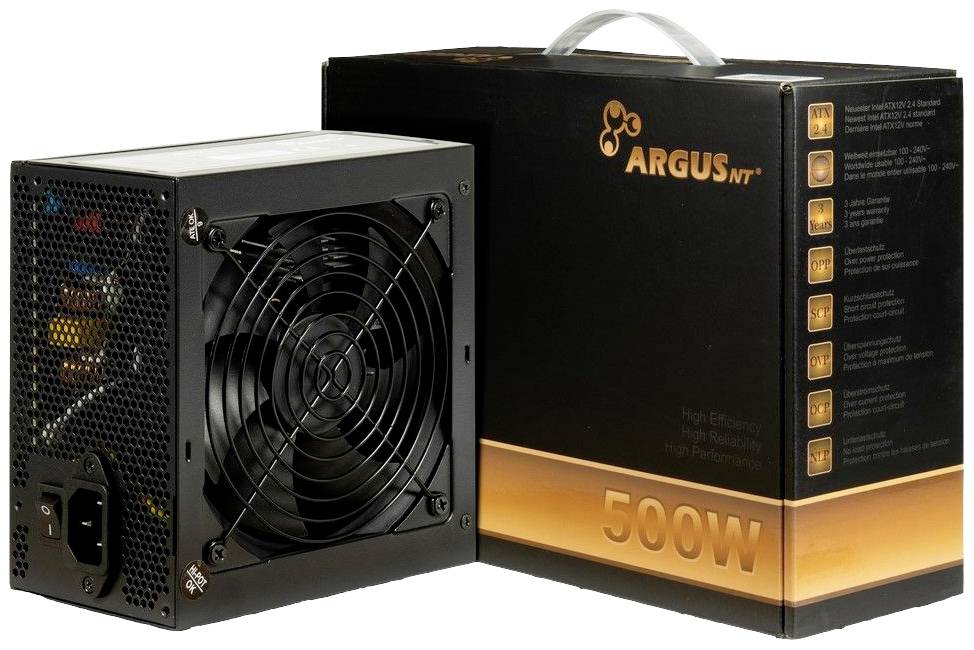 Napajanje s ventilatorom i kabelskim priključcima pored pakiranja na kojem piše 'ARGUS NT 500W'.