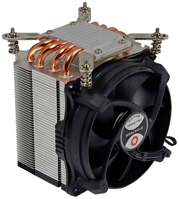 Crni računalni procesorski ventilator sa srebrnim rebrastim hladnjacima i bakrenim cijevima, montiran na srebrnoj potpori.