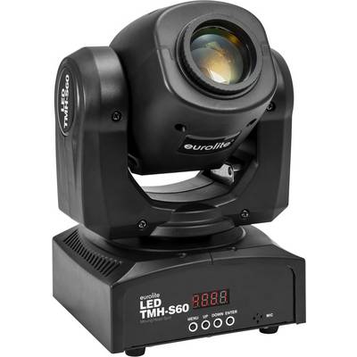 Crni LED spot reflektor s digitalnim zaslonom i upravljačkim tipkama. Oznaka 'LED TMH-S60'. Koristi se za pozorišnu rasvjetu.