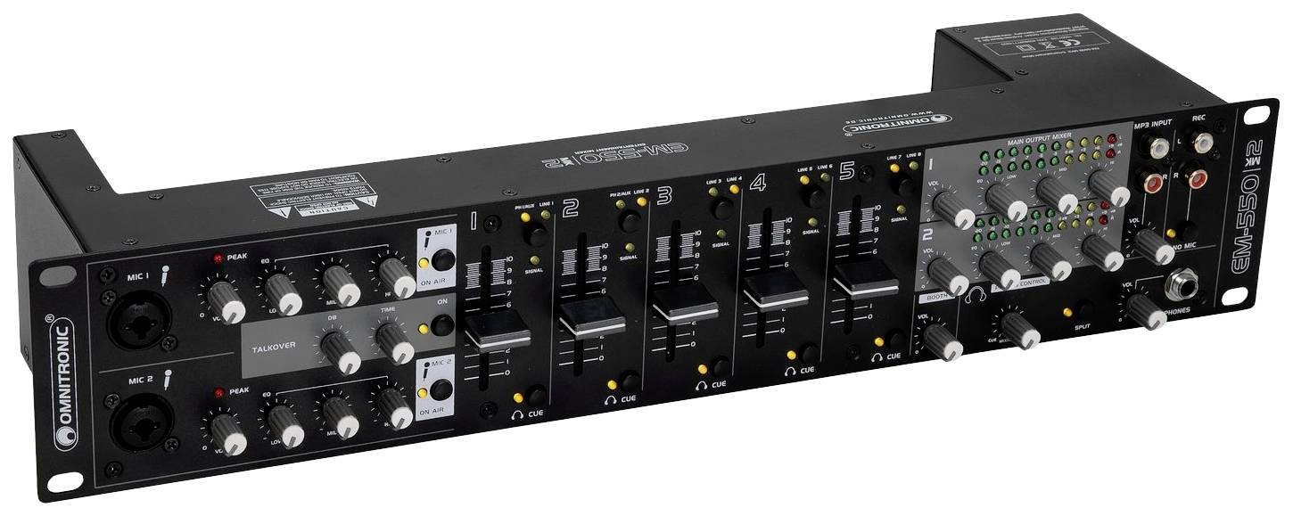 Kompaktni audio mikser s više kanala, okretnim i kliznim regulatorima. Pogodan za upravljanje audio signalima.