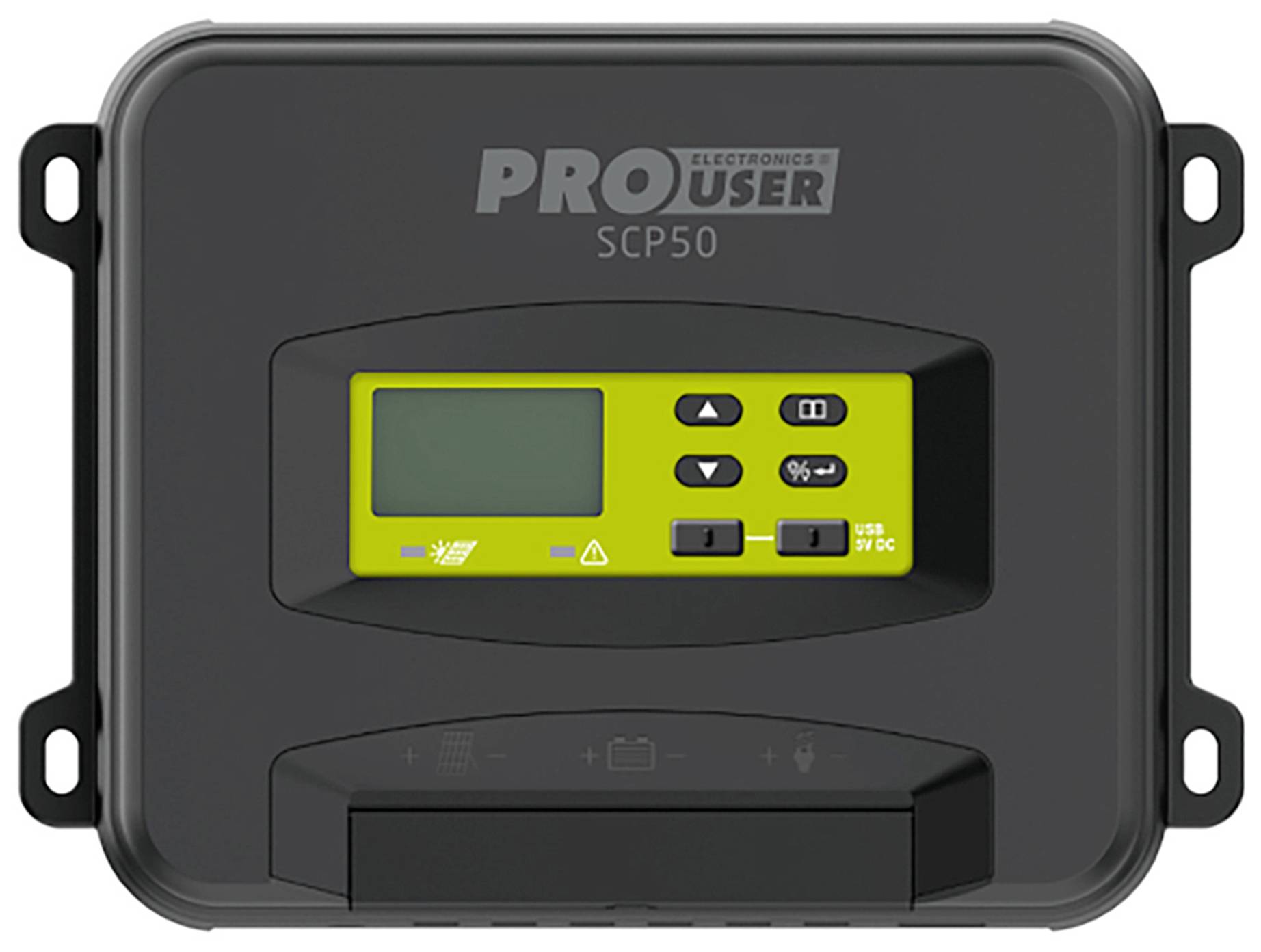 Crni elektronički uređaj s digitalnim zaslonom i kontrolnim tipkama. Označen natpisom 'PRO User SCP50'. Koristi se za upravljačke zadatke.
