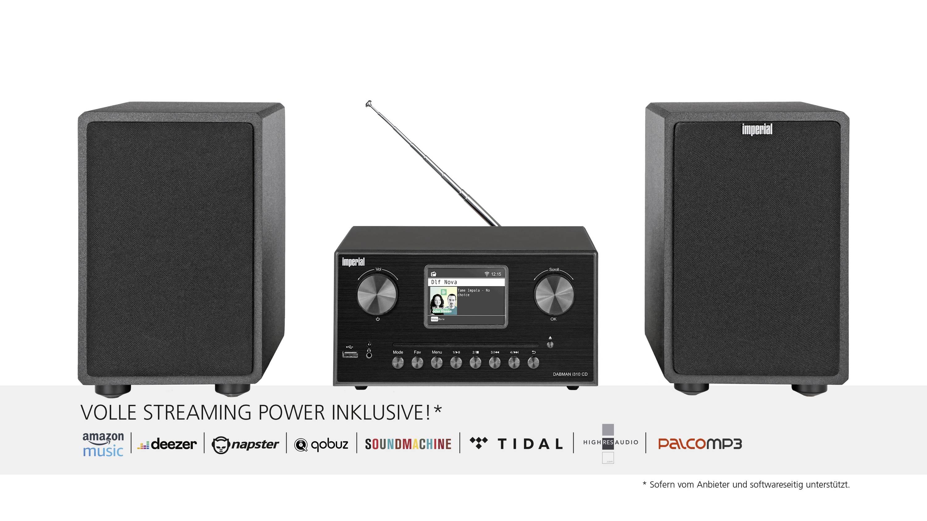 Dva crna zvučnika i radio s ekranom. Tekst ispod glasi 'Puna snaga streaminga uključena!' i navodi glazbene servise.