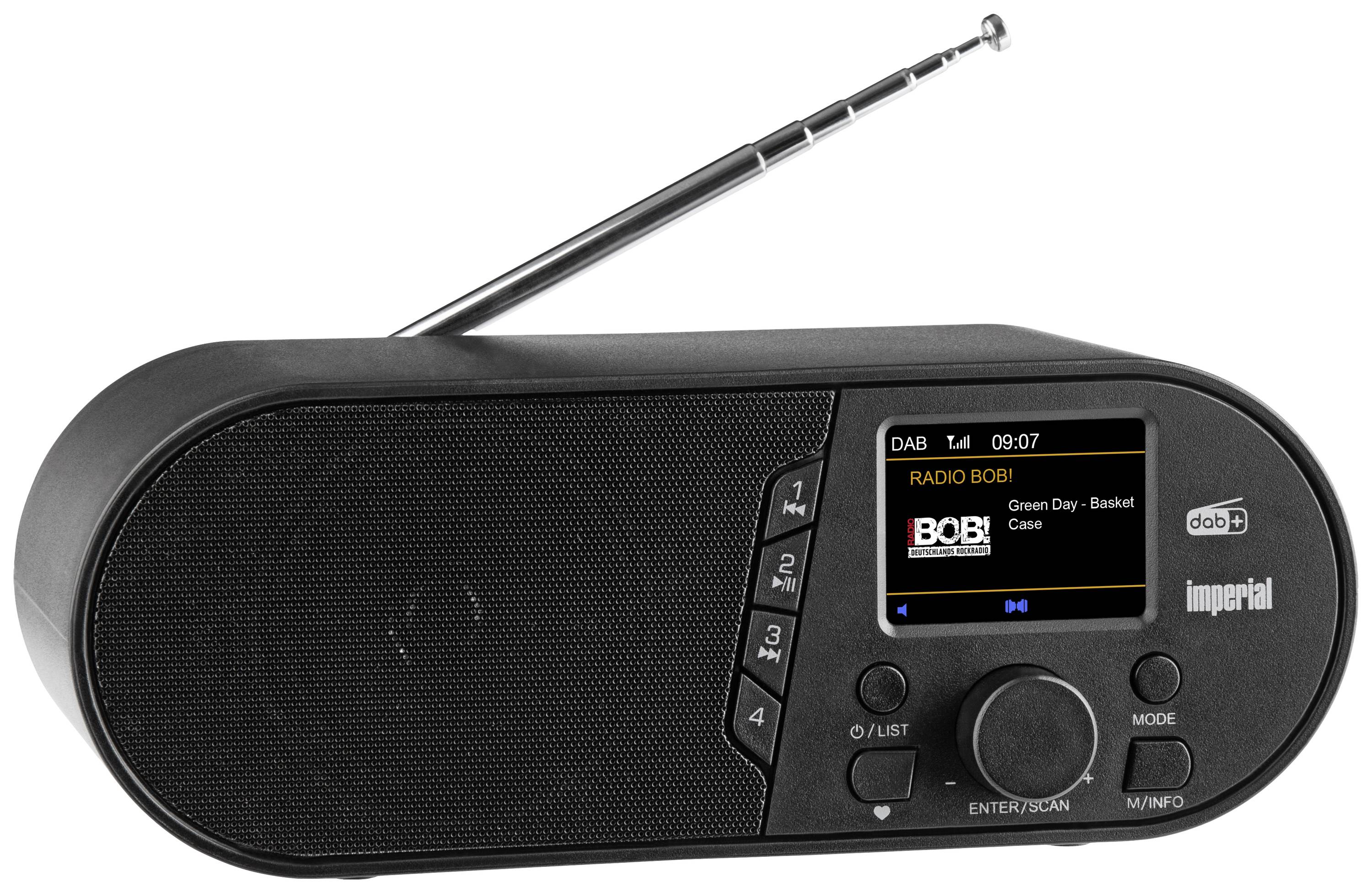 Crni DAB+ radio s izvlačivom antenom, mali zaslon prikazuje 'RADIO BOB!'. Tipke za odabir postaje i glasnoću.