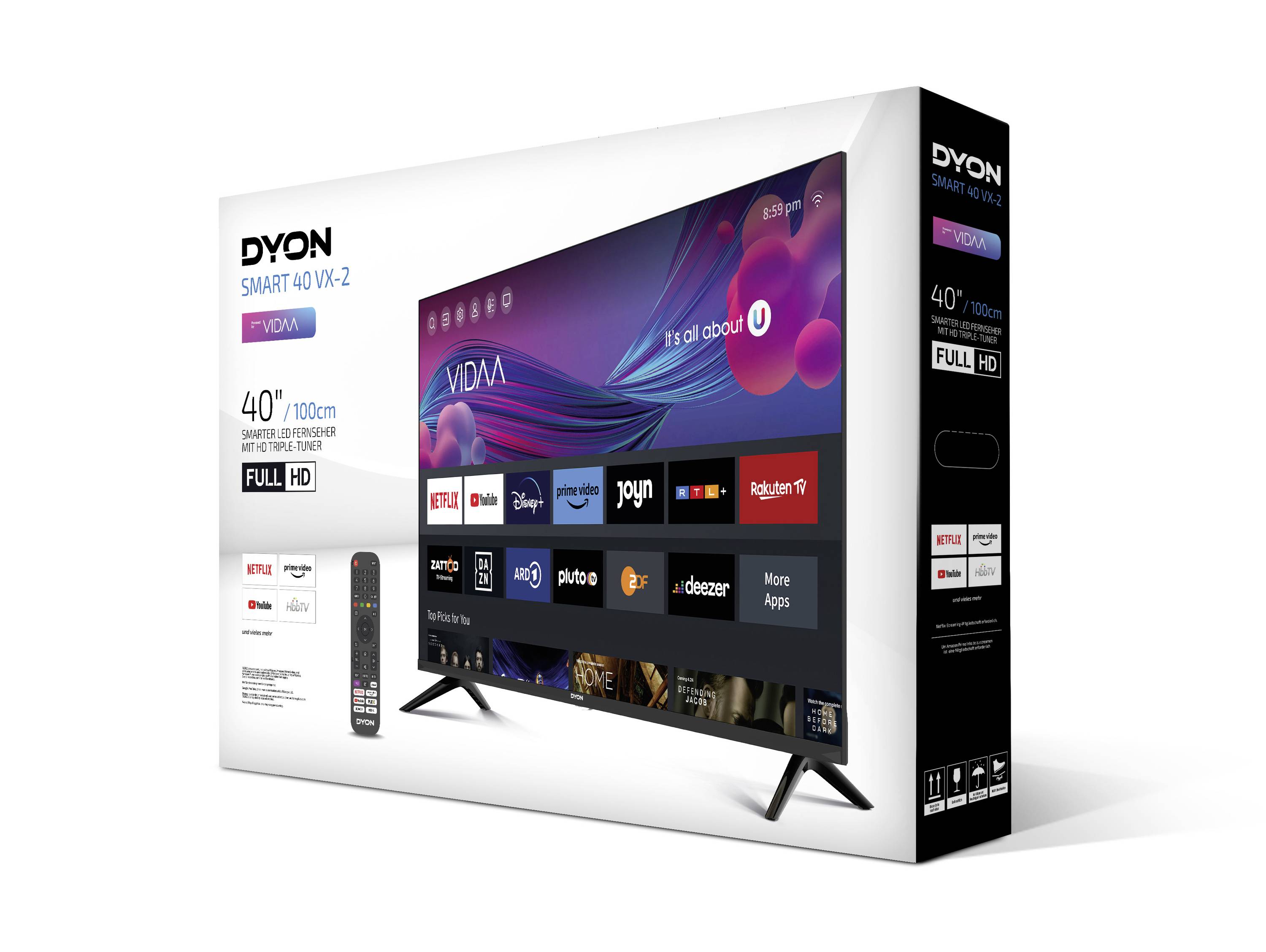 Ambalaža 40-inčnog Full HD pametnog TV-a tvrtke Dyon. Televizor prikazuje aplikacije poput Netflixa, YouTubea i Rakuten TV-a na ekranu.
