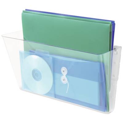 Prozirni zidni nosač s zelenim i plavim registratorima, plavom kutijom za CD i plavom mapom s trakom za zatvaranje.