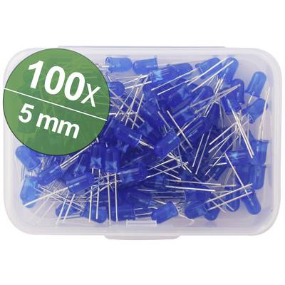 100 plavih LED-dioda, 5 mm, u prozirnoj plastičnoj kutiji na kojoj je vidljiv zeleni krug s natpisom '100x 5 mm'.