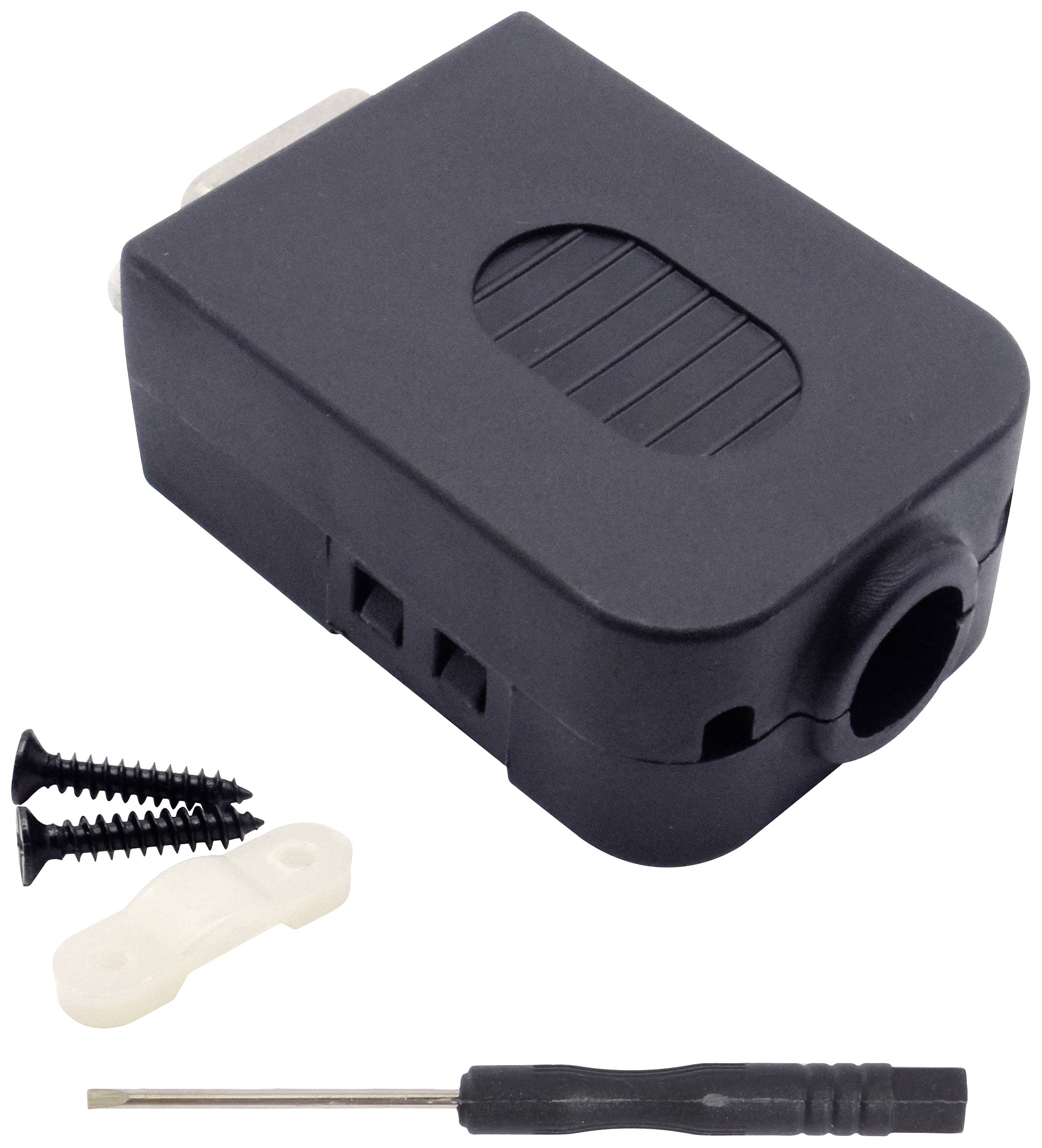 Crni adapter za VGA utikač sa vijcima, stezaljkom i malim odvijačem.