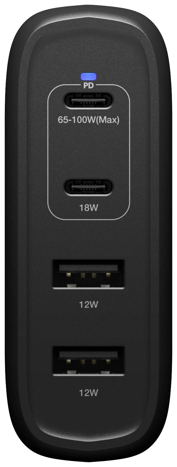 Crni punjač s dva USB-C priključka na vrhu, 65-100W i 18W, te dva USB-A priključka na dnu, svaki po 12W.
