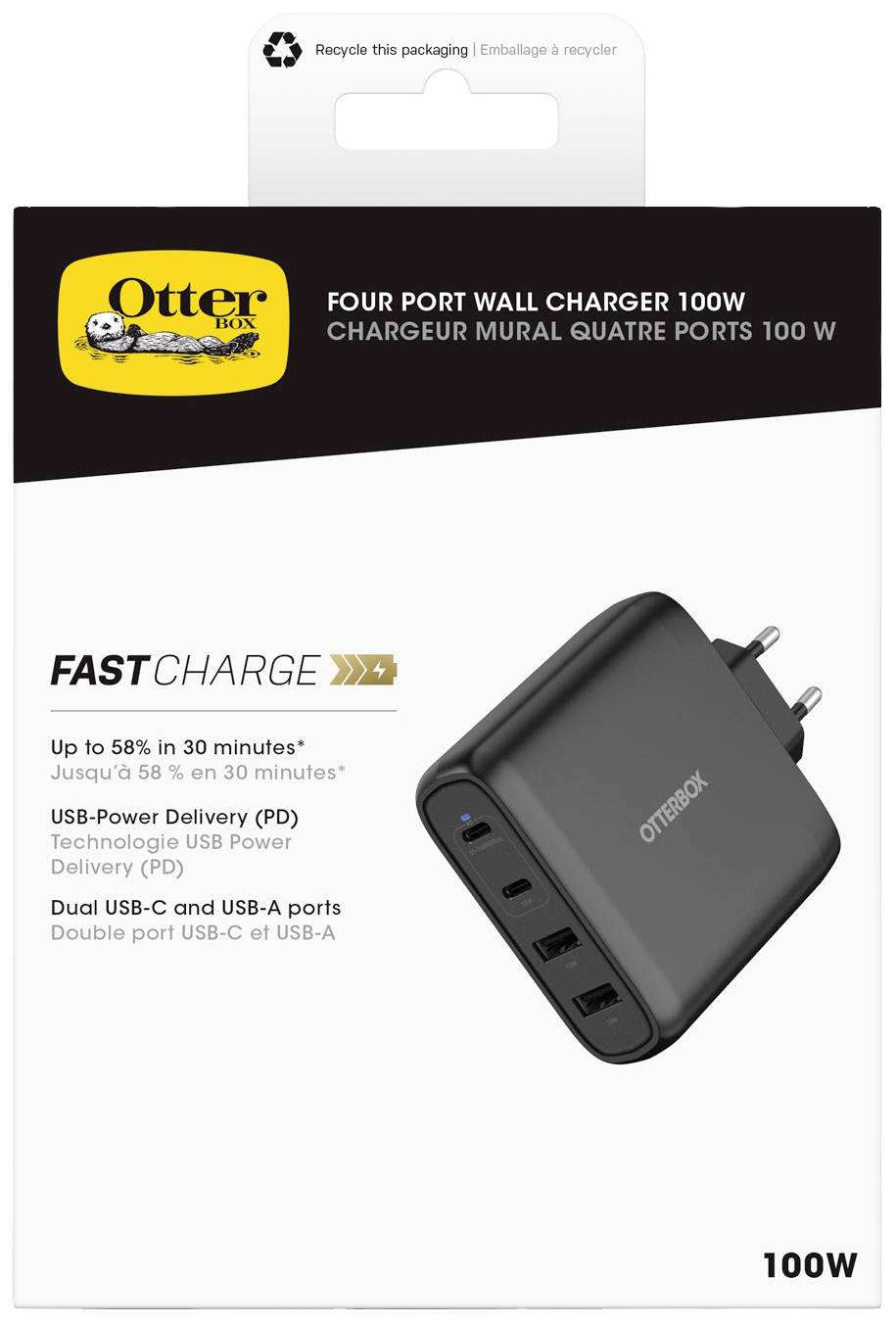 Ambalaža OtterBox 100W punjača s četiri priključka. Tekst naglašava brzo punjenje, USB Power Delivery, dual USB-C i USB-A.