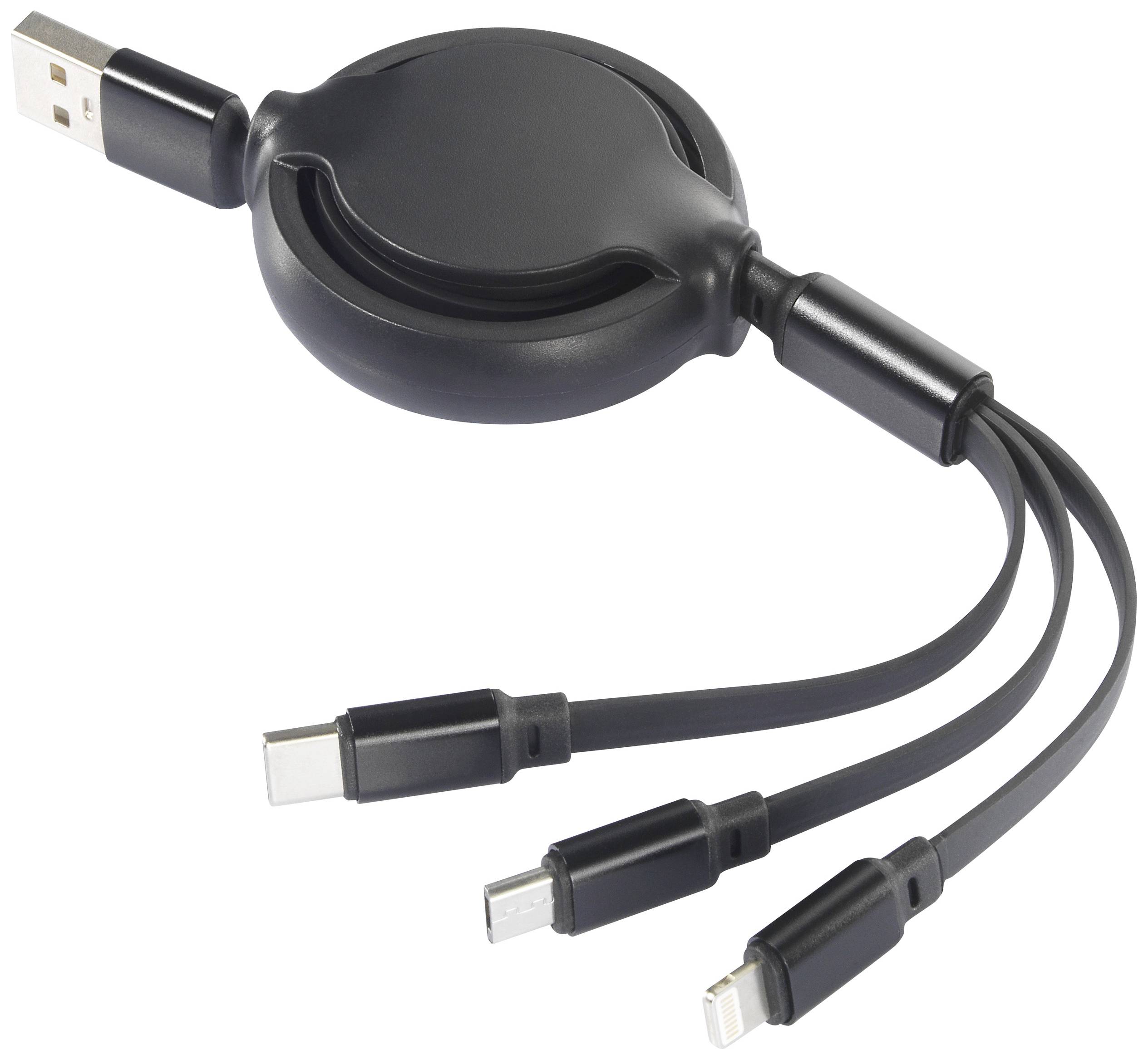 Trostruko USB punjač kabel s mehanizmom za namotavanje, uključuje USB-C, Micro-USB i Lightning priključke za različite uređaje.