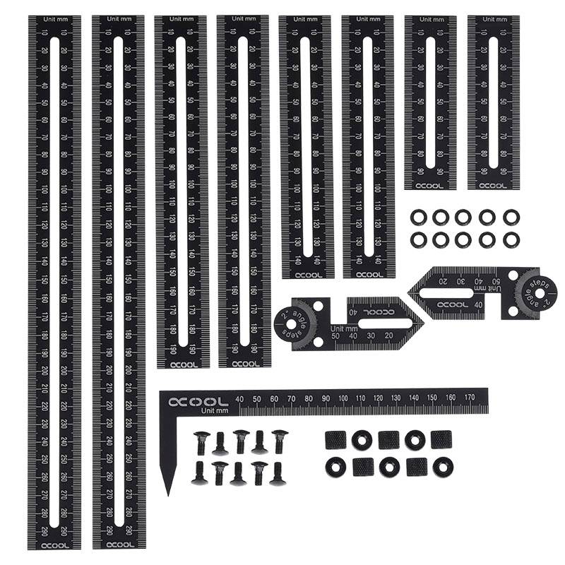 Set crnih aluminijskih ravnala različitih duljina i oblika, s centimetarskom mjerom. Uključuje vijke i pribor.
